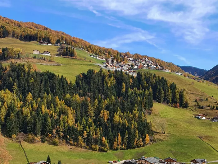 Herbstliches Bergdorf im Sarntal mit gelb verfärbten Lärchen, grünen Wiesen und Höfen